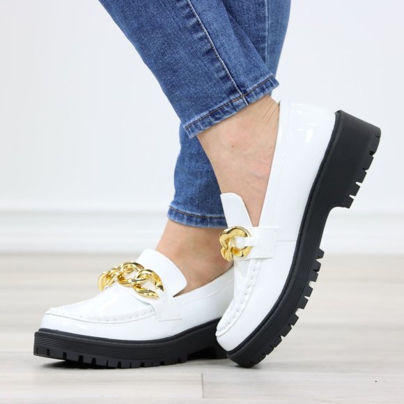 White Patent Chunky Lug Sole Slip On Penny Loafers Platform With Gold Chain - Picture 8 of 16